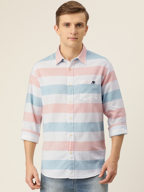 

Aeropostale Men Cream-Coloured & Blue Regular Fit Striped Casual Shirt