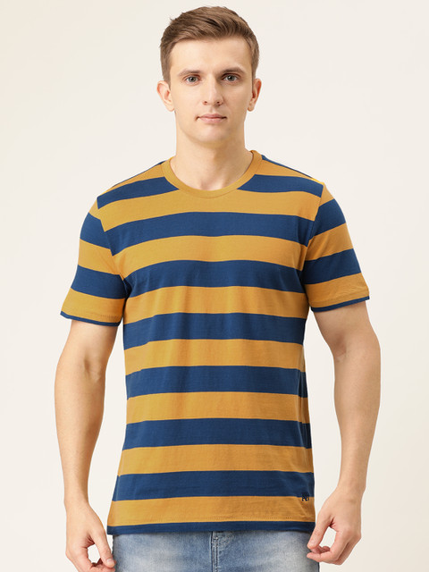 

Aeropostale Men Mustard Yellow Navy Blue Striped Round Neck Pure Cotton T-shirt