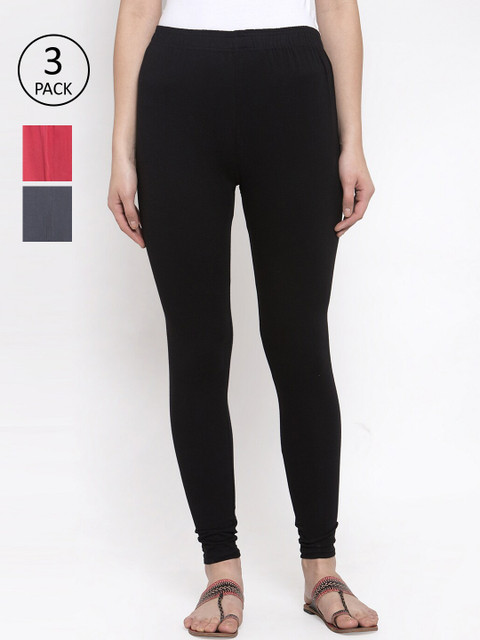 

TAG 7 Women Pack of 3 Solid Churidar-Length Leggings, Black