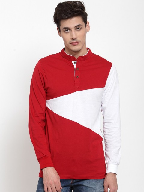 

Kalt Men Red & White Colourblocked Mandarin Collar T-shirt