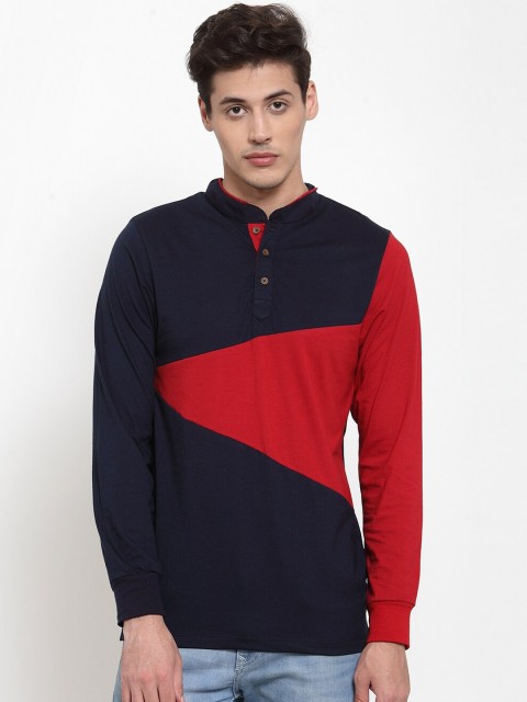 

Kalt Men Navy Blue & Red Colourblocked Mandarin Collar T-shirt