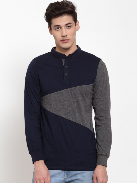 

Kalt Men Navy Blue & Grey Colourblocked Mandarin Collar T-shirt