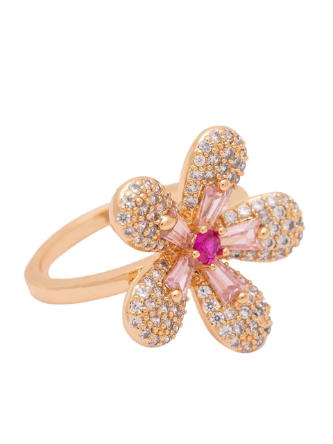 

Globus Gold-Plated White & Pink CZ-Studded Flower Statement Finger Ring