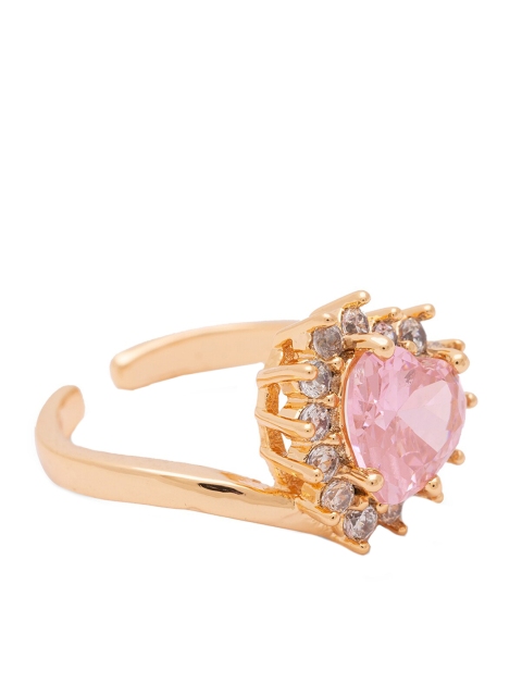 

Globus Gold-Plated Pink & White CZ-Studded Statement Heart Finger Ring