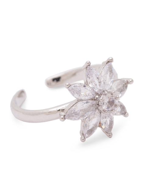

Globus Silver-Plated & White CZ-Studded Floral-Shaped Adjustable Finger Ring
