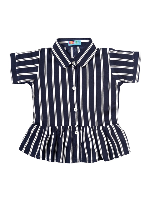 

Kid Studio Girls Navy Blue & White Striped Shirt Style Pure Cotton Top