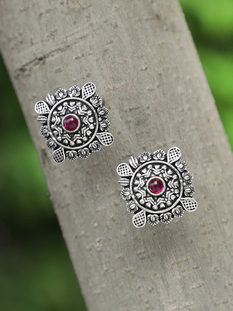 

Adwitiya Collection Silver-Plated & Red Classic Jhumkas