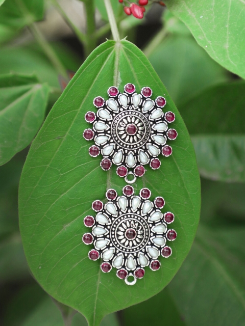 

Adwitiya Collection Silver-Plated Pink Handcrafted Floral Shaped Jhumkas