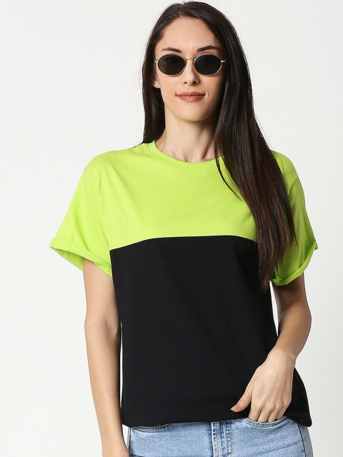 

Bewakoof Women Fluorescent Green & Black Colourblocked 90's Vibe Boyfriend Panel T-Shirt