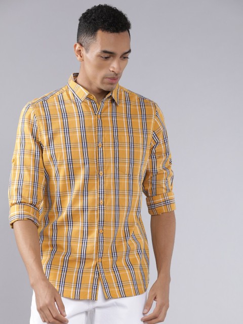 

HIGHLANDER Men Mustard & Navy Blue Slim Fit Checked Casual Shirt