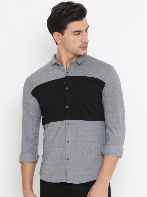 

SHOWOFF Men Grey & Black Slim Fit Colourblocked Casual Shirt