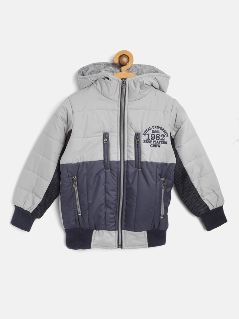 

Little Marco Boys Grey & Navy Blue Colourblocked Hooded Bomber Jacket with