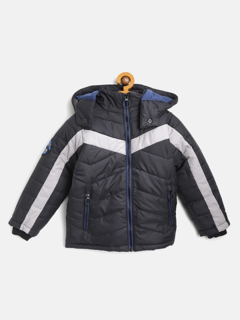 

Little Marco Boys Navy Blue & Grey Solid Hooded Padded Jacket with Colourblocked Detail