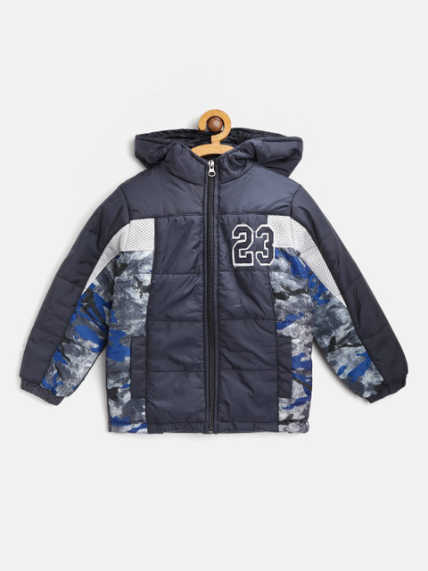 

Little Marco Boys Navy Blue Solid Hooded Padded Jacket with Camouflage Print Detail