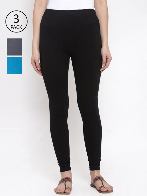 

TAG 7 Women Pack Of 3 Solid Leggings, Black
