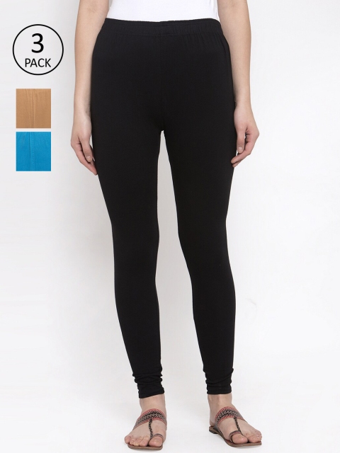 

TAG 7 Women Pack Of 3 Multicoloured Solid Leggings, Black