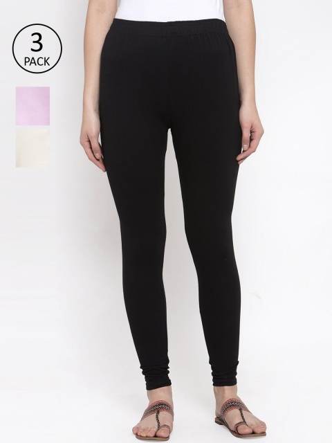 

TAG 7 Women Pack of 3 Multicoloured Solid Leggings, Black