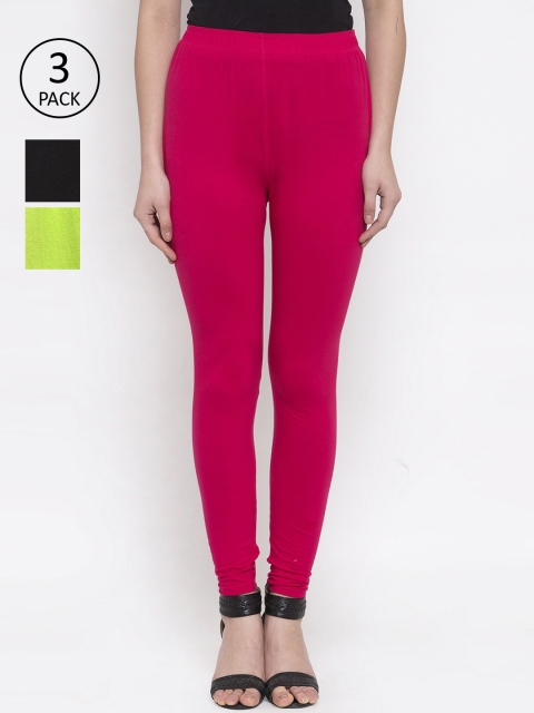 

TAG 7 Women Pack Of 3 Multicoloured Solid Churidar-Length Leggings, Magenta