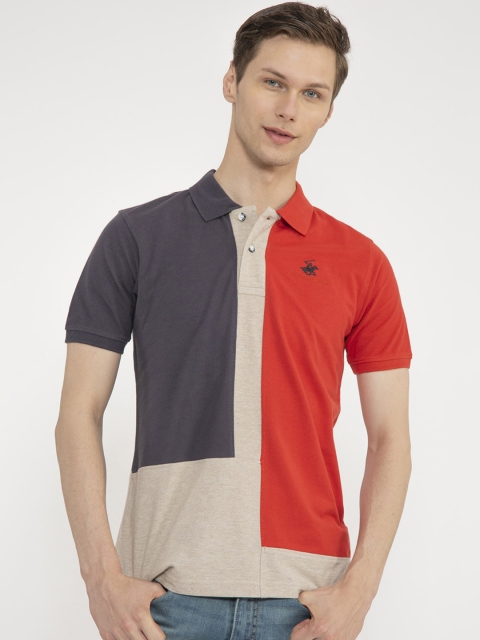 

Beverly Hills Polo Club Men Beige & Red Colourblocked Polo Collar T-shirt