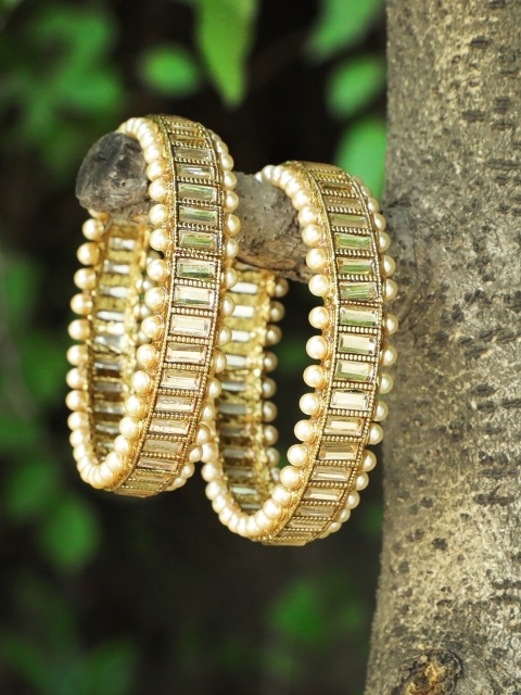 

Adwitiya Set Of Two 24 K Gold-Plated Beige Stone-Studded Beaded Handcrafted Bangles