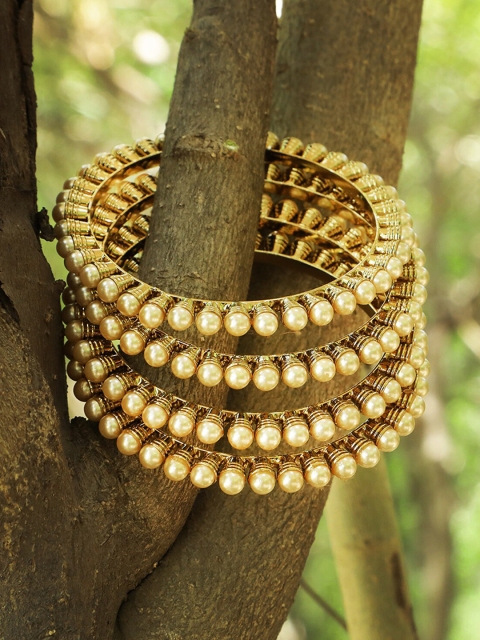 

Adwitiya Set Of Four 24 K Gold-Plated Beige Beaded Handcrafted Bangles