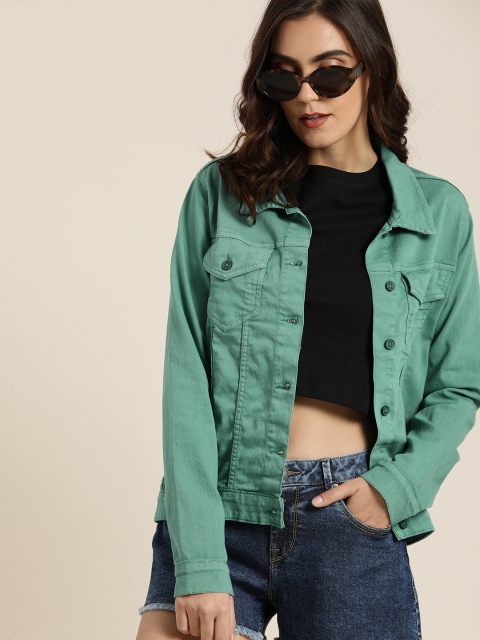 

Moda Rapido Women Green Solid Denim Trucker Jacket