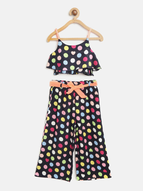 

Nauti Nati Girls Navy Blue Printed Crop Top with Palazzos