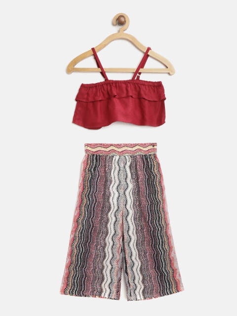 

Nauti Nati Girls Maroon & Off-White Solid Crop Top with Printed Palazzos