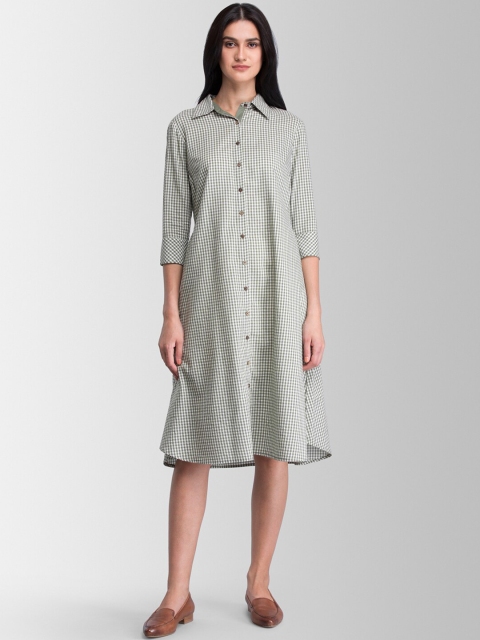 

FableStreet Women Green & White Checked Shirt Dress
