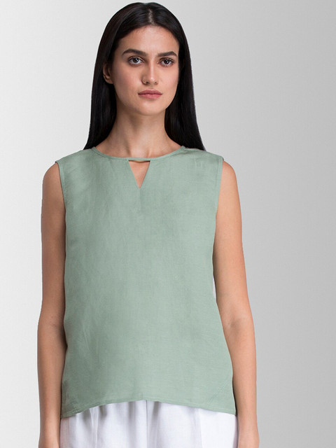

FableStreet Women Green Solid Linen Top