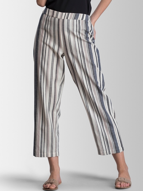 

FableStreet Women Off-White & Grey Loose Fit Striped Regular Trousers