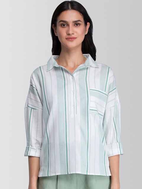 

FableStreet Women White & Green Regular Fit Striped Casual Shirt