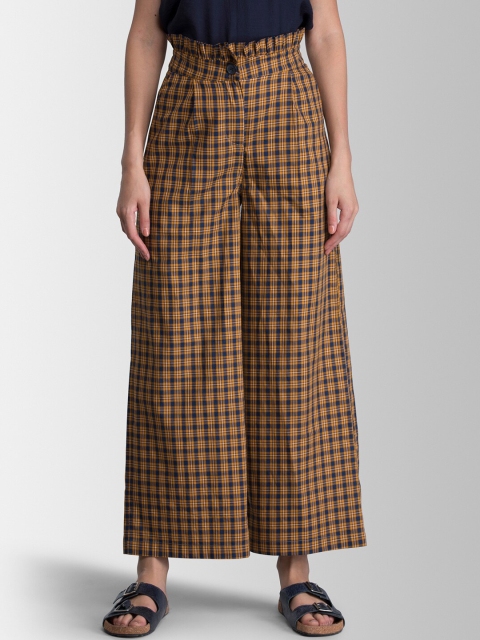 

FableStreet Women Mustard Yellow & Navy Blue Checked Flared Palazzos