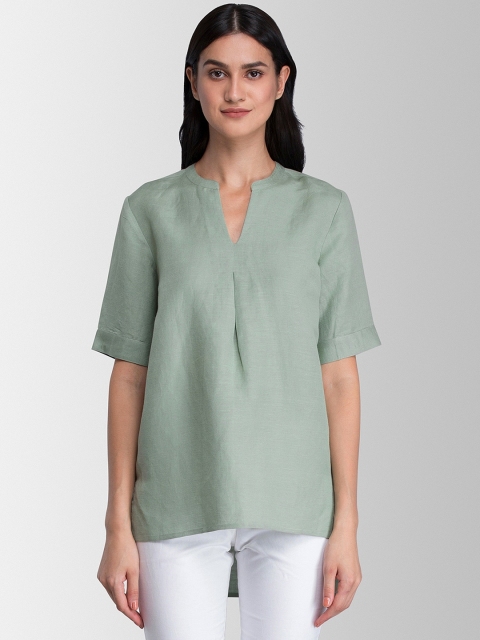 

FableStreet Women Sage Green Solid High-Low Linen Top