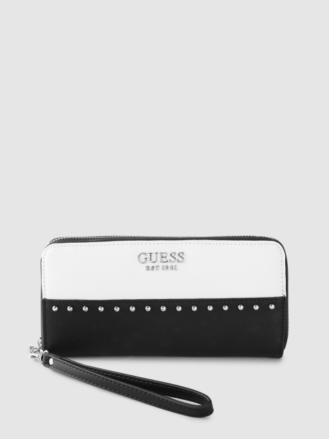 

GUESS Women Black & White Colourblocked Zip Around Wallet with Detachable Wrist Loop