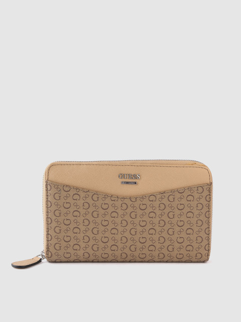 

GUESS Women Brown & Beige Brand Logo Print Zip Around Wallet