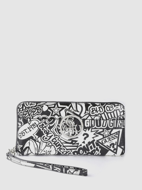 

GUESS Women White & Black Printed Zip Around Wallet