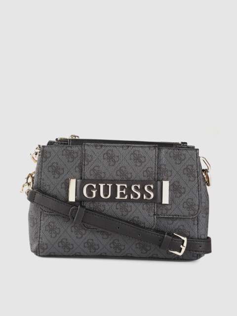 

GUESS Black & Charcoal Grey Brand Logo Printed PU Structured Sling Bag with Sling Strap