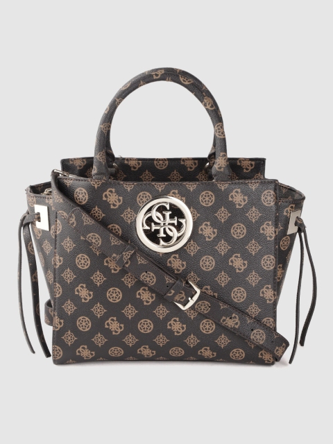 

GUESS Coffee Brown & Beige Brand Logo Print Handheld Bag with Detachable Sling Strap