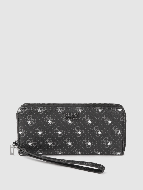 

GUESS Women Black & Charcoal Grey Brand Logo & Star Print Zip Around Wallet
