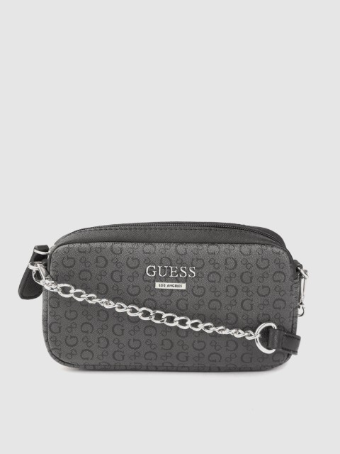 

GUESS Women Charcoal Grey & Black Brand Logo Printed Sling Bag