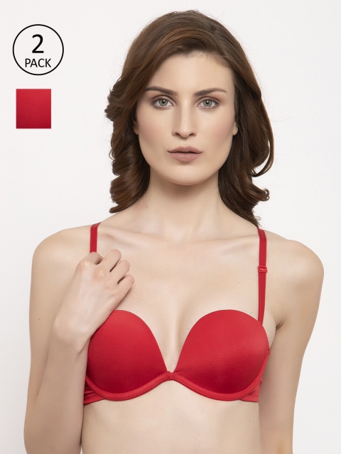 

PrettyCat Pack Of 2 Solid Underwired Heavily Padded Plunge Bras, Red