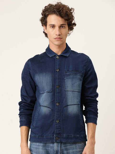 

SINGLE Men Navy Blue Solid Denim Jacket