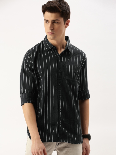 

SINGLE Men Charcoal Grey & White Slim Fit Striped Casual Shirt
