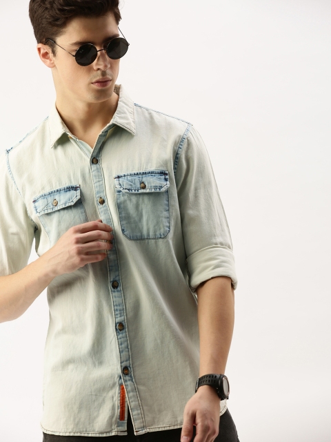 

SINGLE Men Blue Slim Fit Faded Casual Denim Shirt