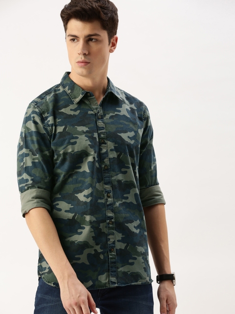 

SINGLE Men Olive Green & Teal Blue Slim Fit Camouflage Printed Casual Shirt