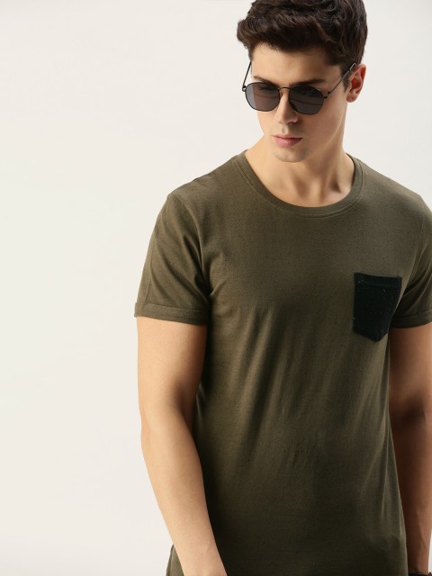 

SINGLE Men Olive Green Solid Contrast Pocket Slim Fit Round Neck T-shirt