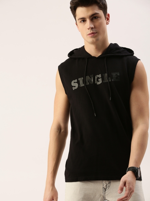 

SINGLE Men Black Slim Fit Brand Logo Printed Hooded T-shirt