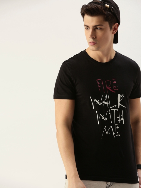 

SINGLE Men Black Printed Slim Fit Round Neck T-shirt