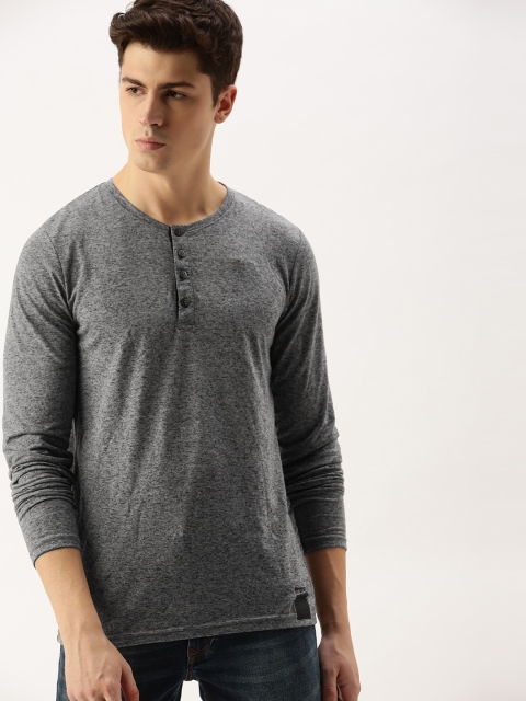 

SINGLE Men Grey Melange Solid Henley Neck T-shirt